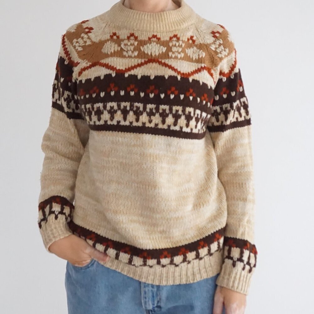 Vintage Tional Taupe Fair Isle Nordic Stripe Pattern Knit Sweater Brown S